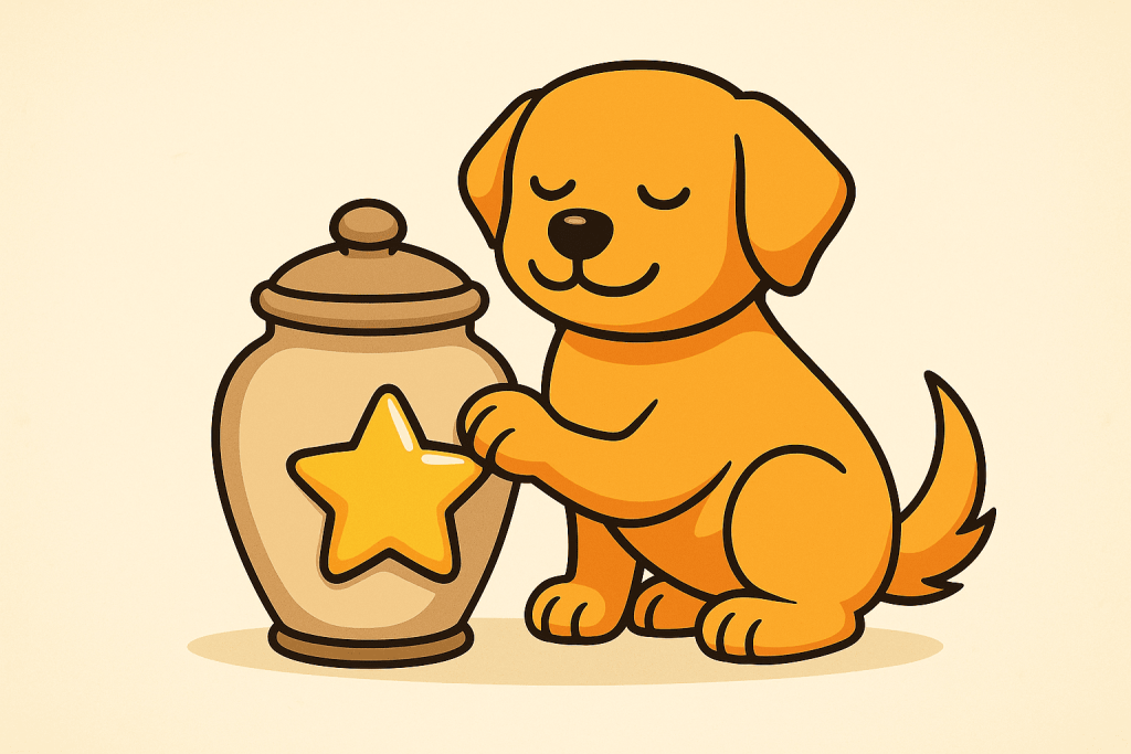 Immagine simbolica per cremazione animali Napoli: cane sereno accanto a un’urna decorata, rappresentazione dell’ultimo saluto al proprio animale domestico.