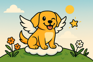 Illustrazione di un cane con ali d’angelo seduto su una nuvola, simbolo del servizio di cremazione animali a Napoli offerto da L’Arcobaleno di Fido con amore e rispetto.