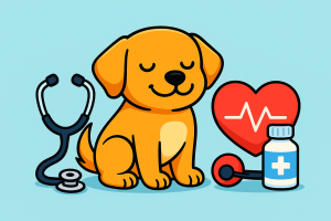 Illustrazione di un cucciolo con stetoscopio, cuore e strumenti veterinari, simboli del supporto offerto dalla cremazione animali domestici ai veterinari a Napoli.